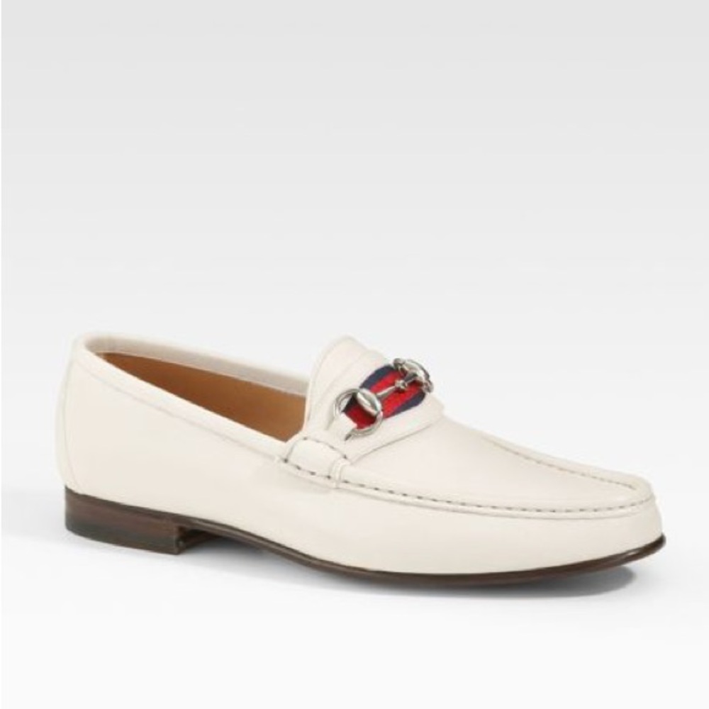 Gucci White Leather Loafers with Red and Blue Detail